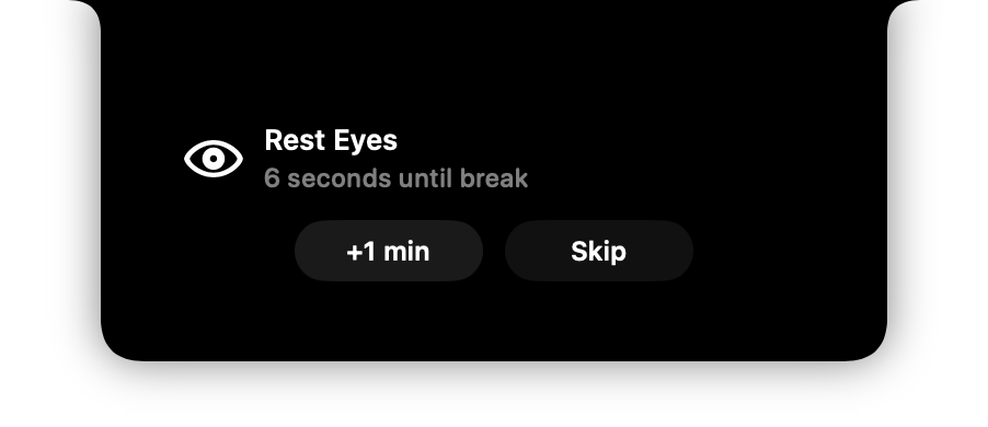NotchMore rest reminder with options to add one minute or skip the break